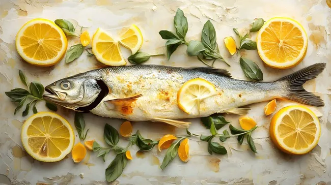 Frisch gebackener Fisch mit Zitrone und Kräutern