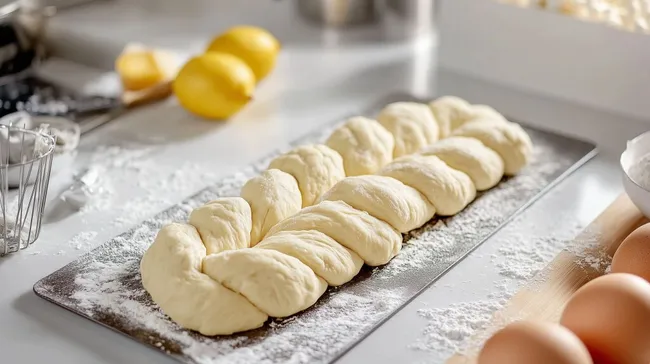 Frisch gebackener Hefezopf auf mehliger Arbeitsfläche