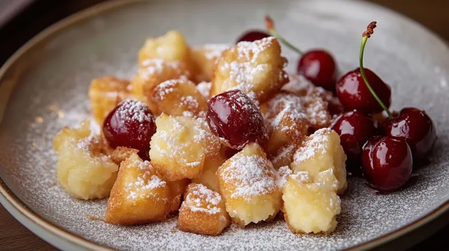 Frisch gebackener Kaiserschmarrn mit Puderzucker und Kirschen
