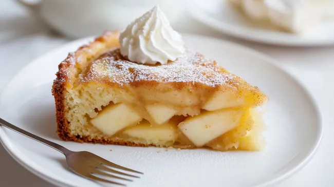 Frisch gebackener, saftiger Apfelkuchen mit Vanillesoße