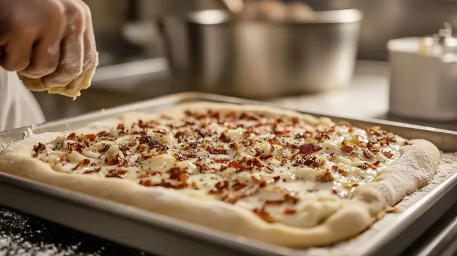 Frisch gebackener schwäbischer Zwiebelkuchen in moderner Küche