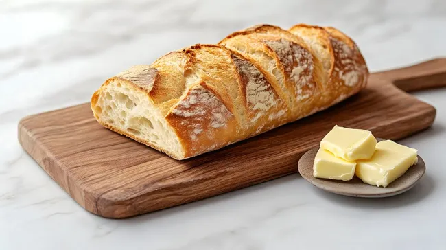 Frisch gebackenes Baguette auf rustikalem Holzbrett