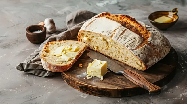 Frisch gebackenes Brot mit Butter auf rustikalem Holzbrett