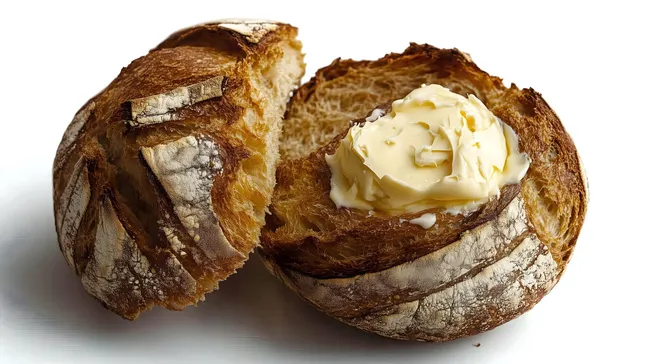 Frisch gebackenes Brot mit Butter in Nahaufnahme