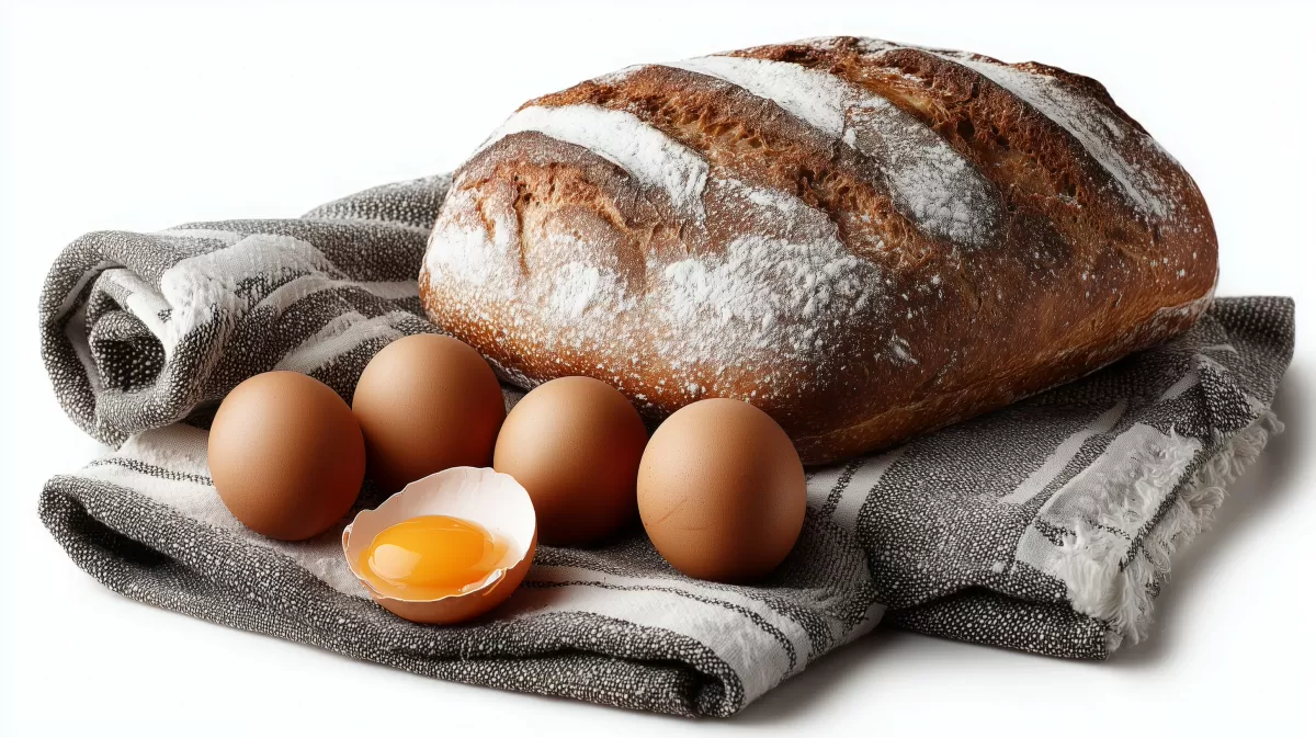 Frisch gebackenes Brot mit Eiern auf Geschirrtuch