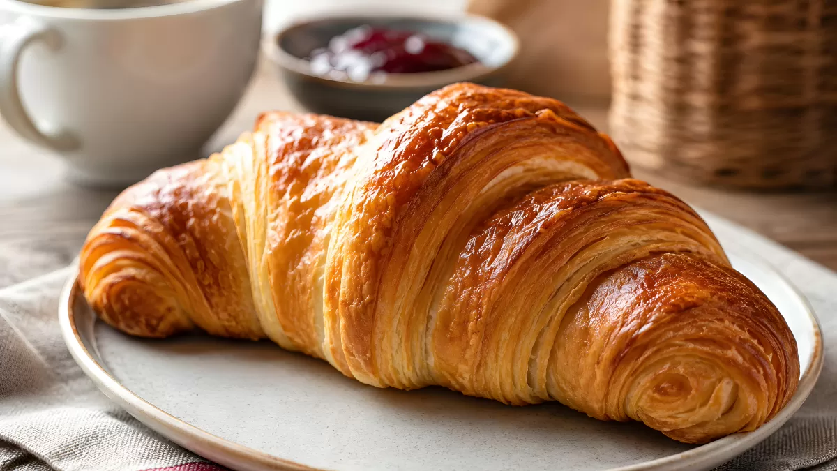 Frisch gebackenes Croissant auf weißem Teller
