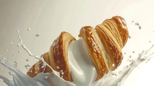 Frisch gebackenes Croissant mit Milchspritzer in Bewegung