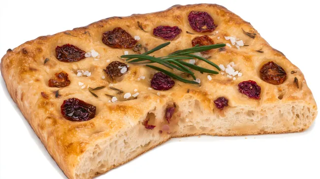 Frisch gebackenes Focaccia-Brot mit Tomaten und Kräutern