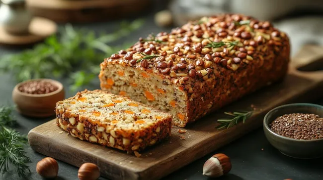 Frisch gebackenes Möhrenbrot mit knuspriger Nusstopping