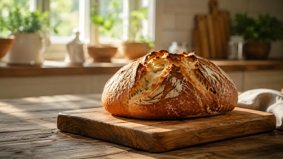 Frisch gebackenes Sauerteigbrot auf Holzbrett
