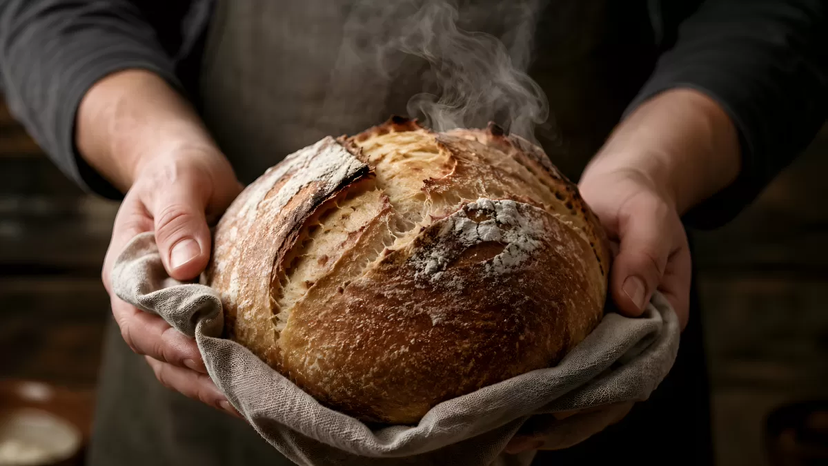 Frisch gebackenes Sauerteigbrot dampft in Händen