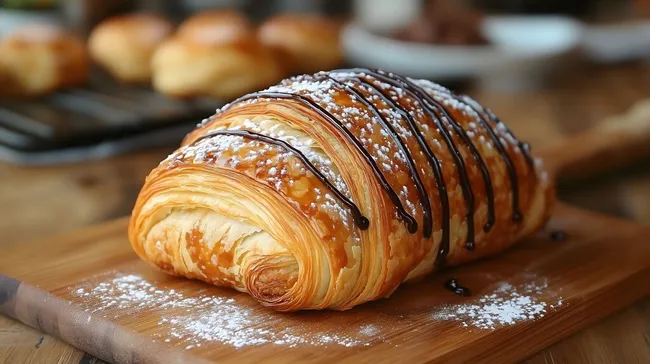 Frisch gebackenes Schokoladen-Croissant mit Zuckerguss