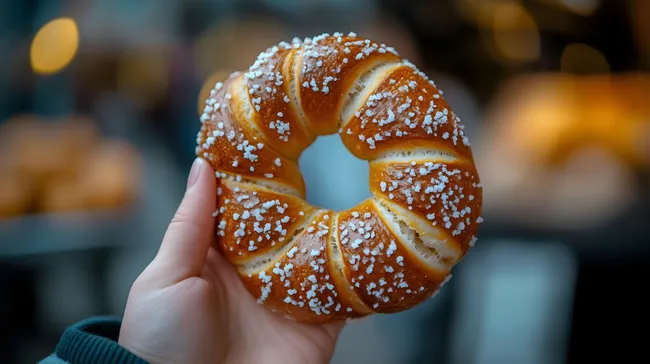 Frisch gebackenes, zuckersüßes Laugengebäck mit Salztopping