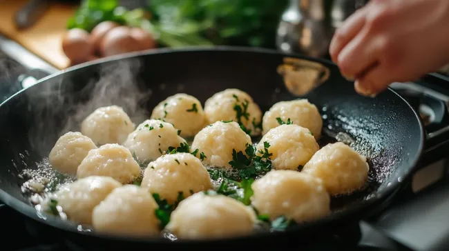 Frisch gebratene Kartoffelknödel mit Kräutern