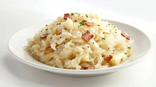 Frisch gebratene Kartoffeln mit Sauerkraut und Speck