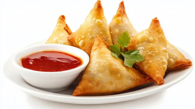 Frisch gebratene Samosas mit Tomatendip