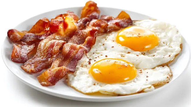 Frisch gebratener Speck mit knusprigen Eiern auf weißem Teller