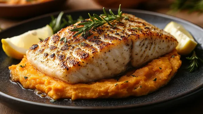 Frisch gebratenes Fischfilet auf Süßkartoffelpüree