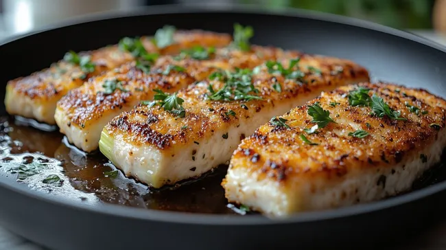 Frisch gebratenes Sellerie-Schnitzel in dunkler Pfanne