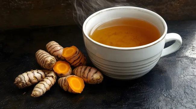 Frisch gebrühter Kurkumatee auf dunklem Holz