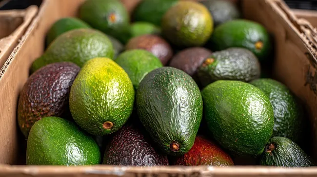 Frisch geerntete Bio-Avocados in natürlicher Holzkiste