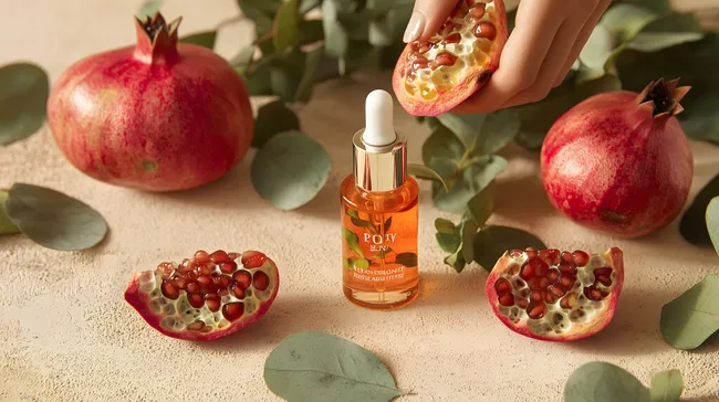 Frisch geerntete Granatäpfel mit Serum-Flasche