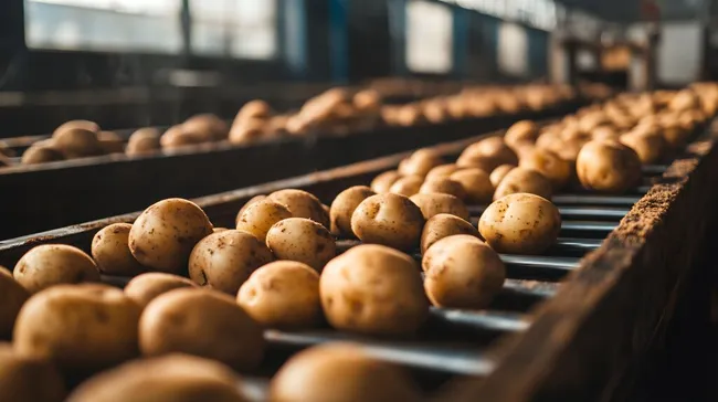 Frisch geerntete Kartoffeln auf dem Förderband