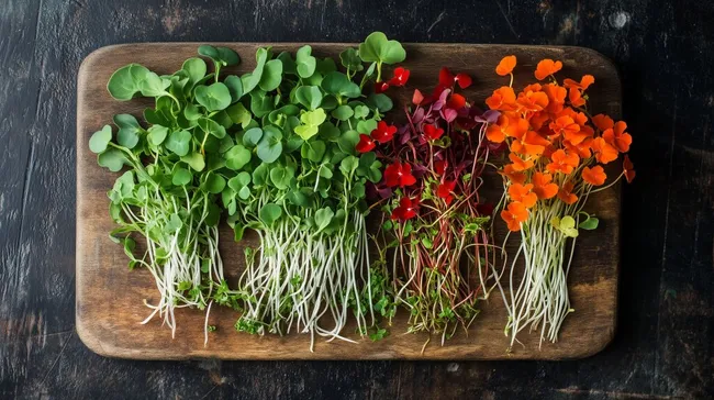 Frisch geerntete Microgreens und Blüten auf Holzbrett
