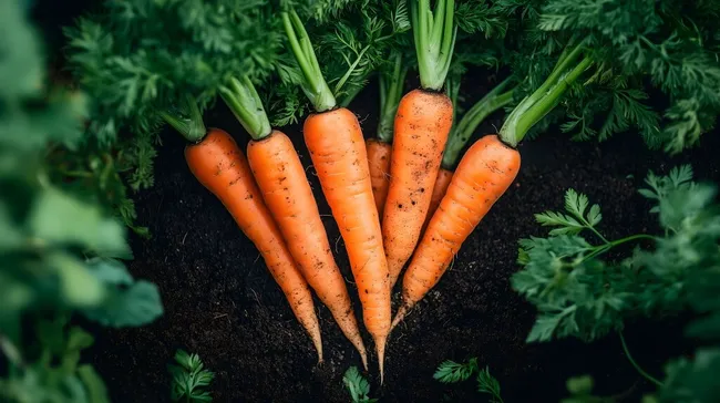 Frisch geerntete Möhren mit Blättern auf Erde