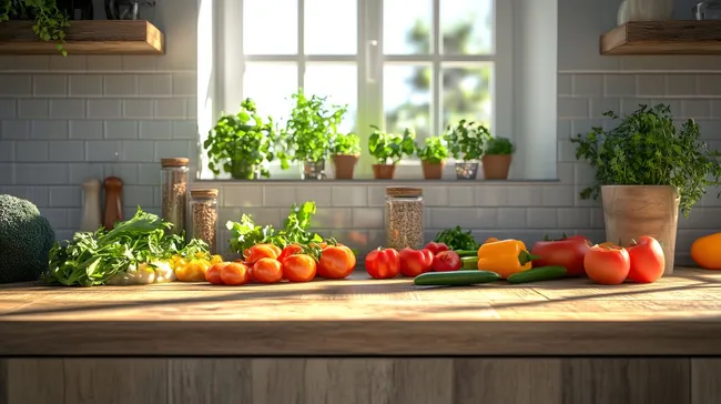 Frisch geerntetes Bio-Gemüse auf rustikaler Küchenkonsole