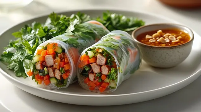 Frisch gefüllte vietnamesische Sommerrollen mit Gemüse und Hühnchen