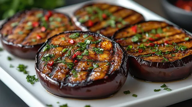 Frisch gegrillte Auberginenscheiben mit Kräutern und Chili