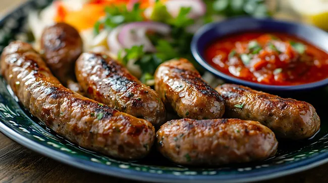 Frisch gegrillte Cevapcici mit würzigem Ajvar-Dip