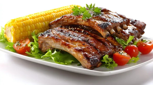 Frisch gegrillte Schweinerippchen mit Maiskolben und Salatgarnitur