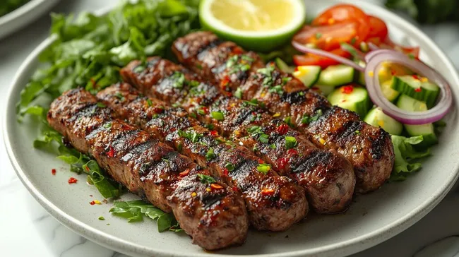 Frisch gegrilltes Fleisch mit Gemüsebeilage und Zitrone