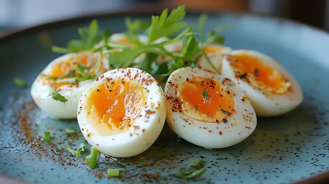 Frisch gekochte Eier auf grünem Salat