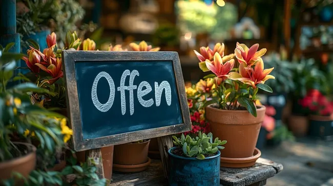 Frisch gepflanzte Blumen vor Blumenladen-Schild