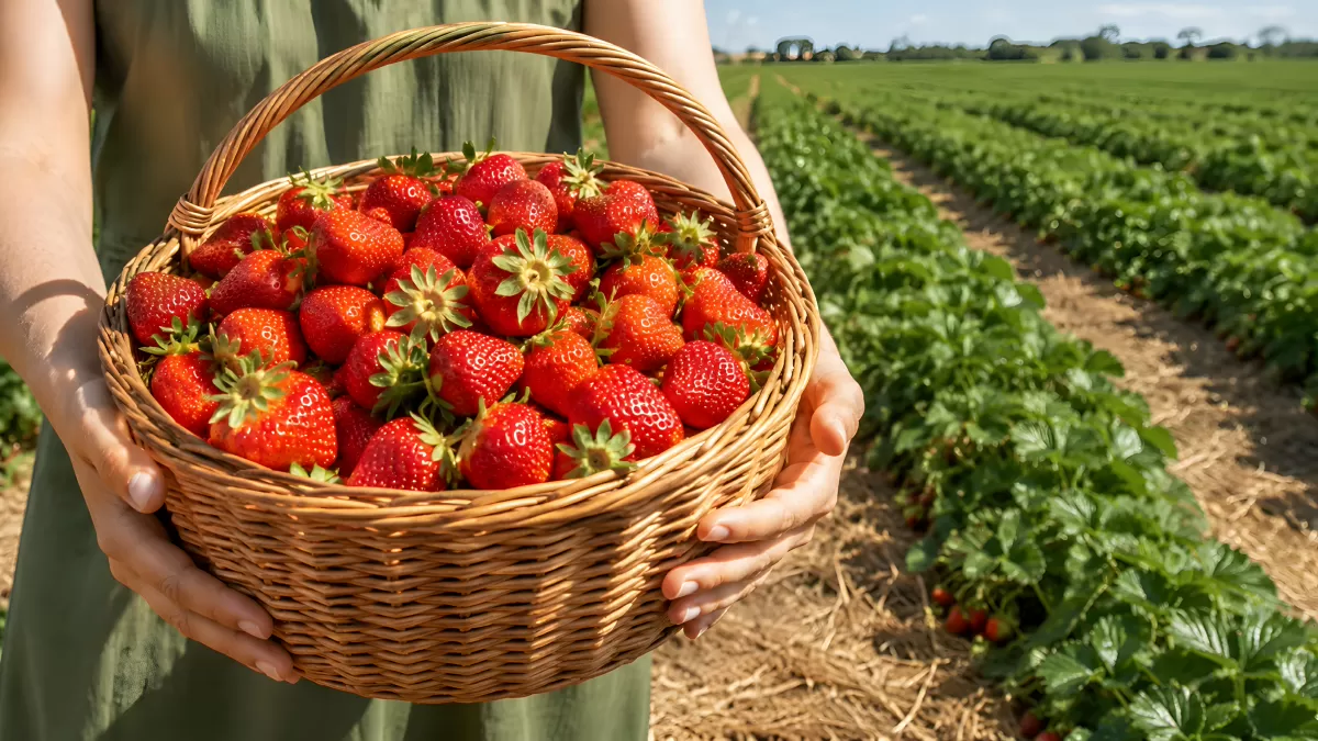 Frisch gepflückte Erdbeeren im Korb auf dem Feld