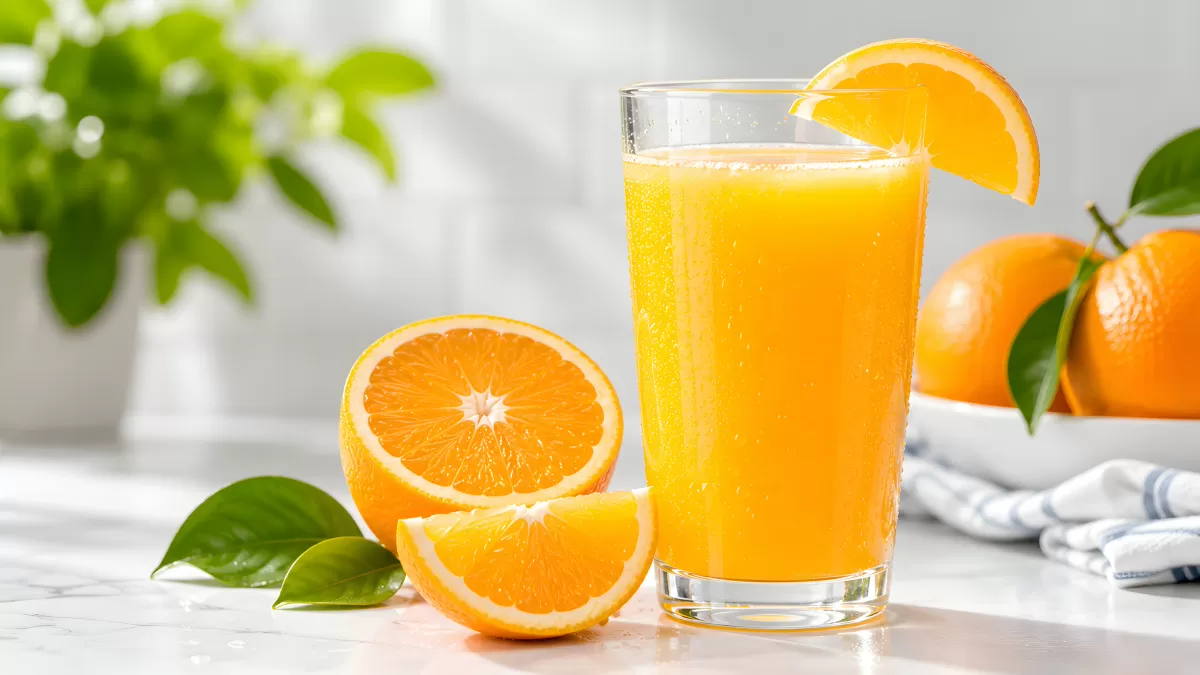 Frisch gepresster Orangensaft im Glas mit Fruchtscheibe