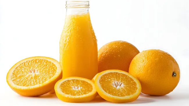 Frisch gepresster Orangensaft in Glasflasche mit Orangen