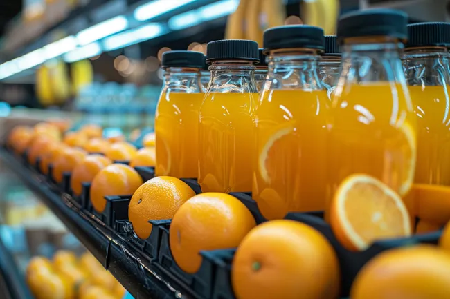 Frisch gepresster Orangensaft in Glasflaschen