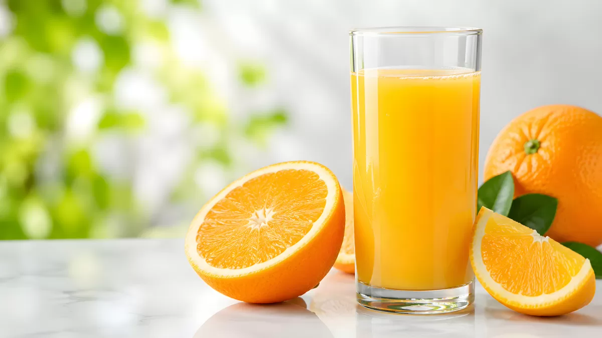 Frisch gepresster Orangensaft mit Früchten im Glas