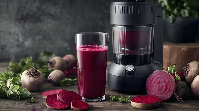 Frisch gepresster Rote-Bete-Saft in modernem Entsafter