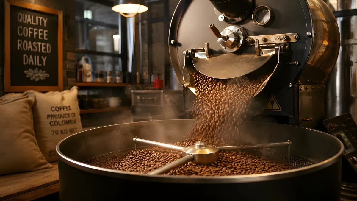 Frisch geröstete Kaffeebohnen fallen in Kühlschale