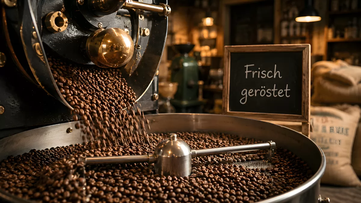 Frisch geröstete Kaffeebohnen in einer Röstmaschine