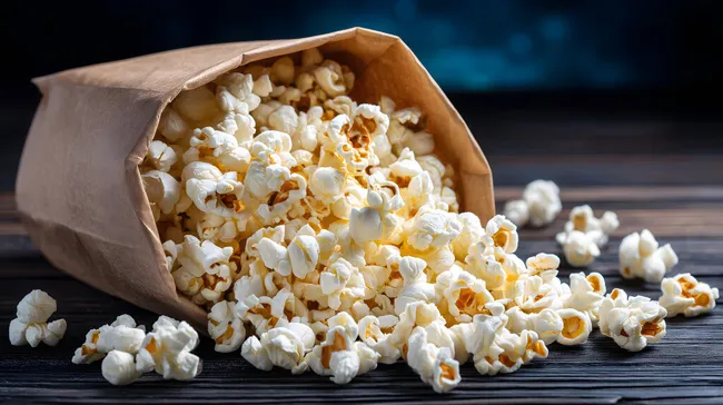 Frisch geröstetes Popcorn in rustikaler Papiertüte