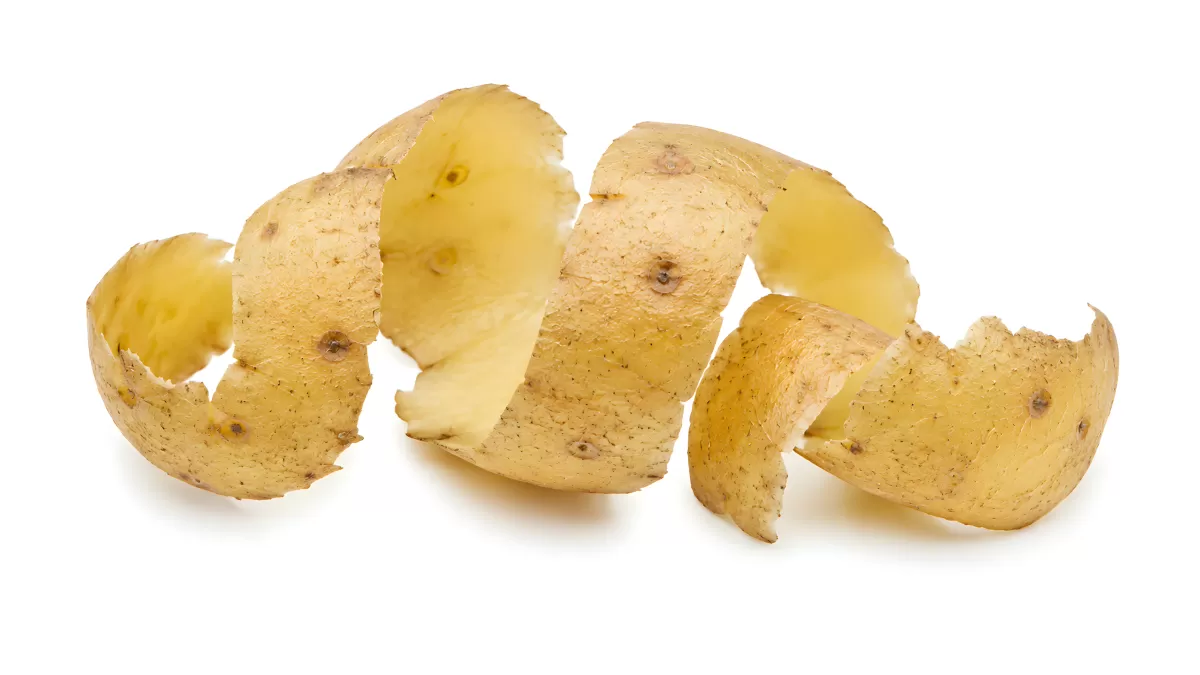 Frisch geschälte Kartoffelschalen auf weißem Hintergrund