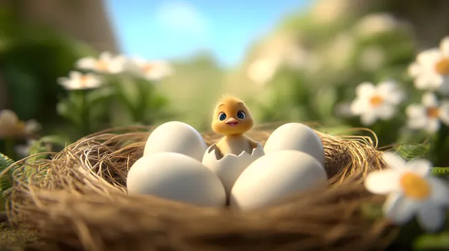 Frisch geschlüpftes Küken im Blumennest