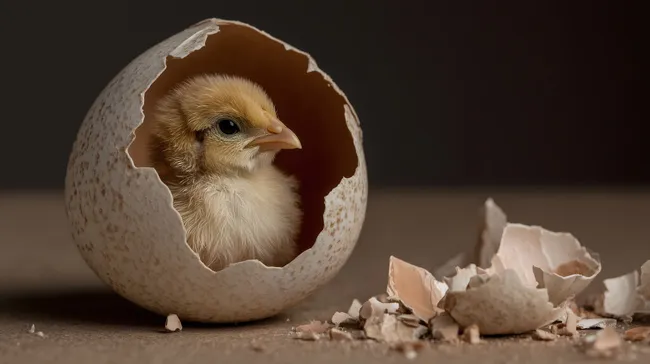 Frisch geschlüpftes Küken in aufgebrochener Eierschale