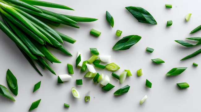 Frisch geschnittene Frühlingszwiebeln auf grauer Fläche